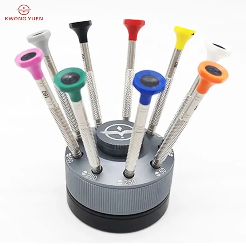 Kwong Yuen 9 Pieces Screwdriver Set Stainless Steel Supporting Turntable Clock Tools for Watchmakers