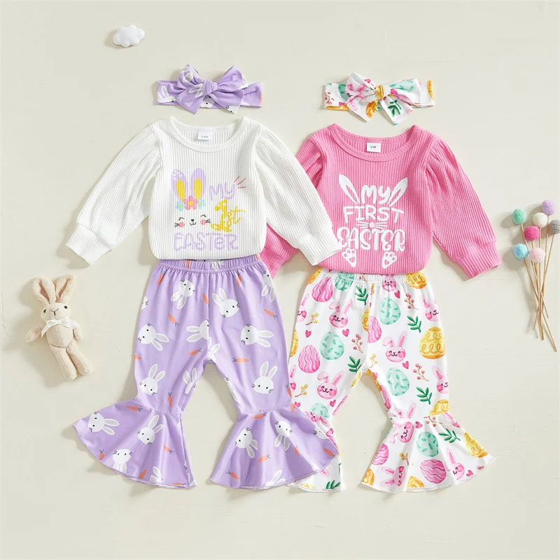 Cathery Kids Baby Meisjes Pasen Broek Sets Lange Mouw O Hals Romper Bunny Wortel/Konijntje Ei Print Broek met Hoofdband Sets 0-18M