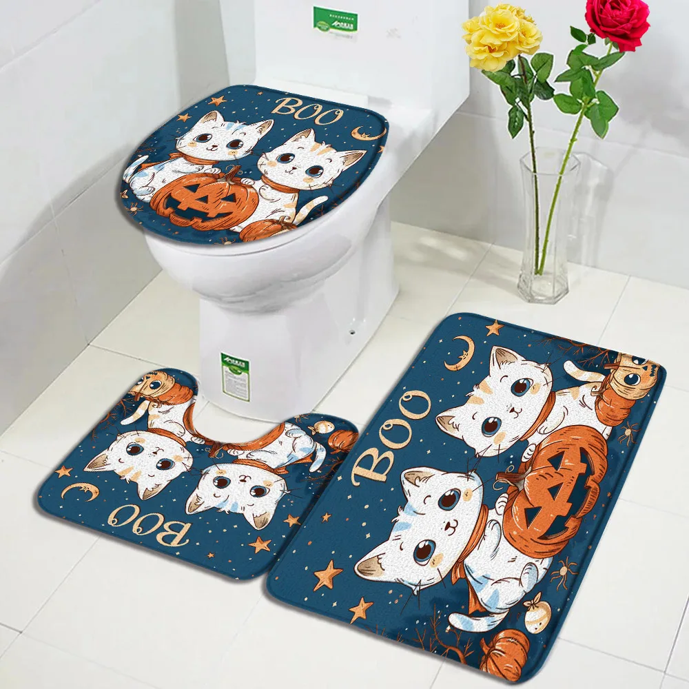 Cartoon Cute Cat Bath Mat Set Funny Animal Pumpkin Halloween Home Carpet Non-Slip Bathroom Decorative Floor Rug Toilet Lid Cover