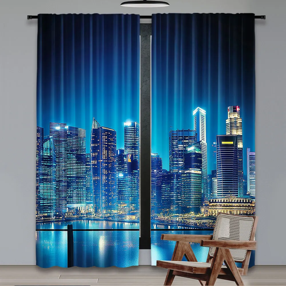 2Pcs Cityscape Curtain Big City Night Panorama From A Balcony With Skyscrapers For Bedroom Living Room And Dining Room A
