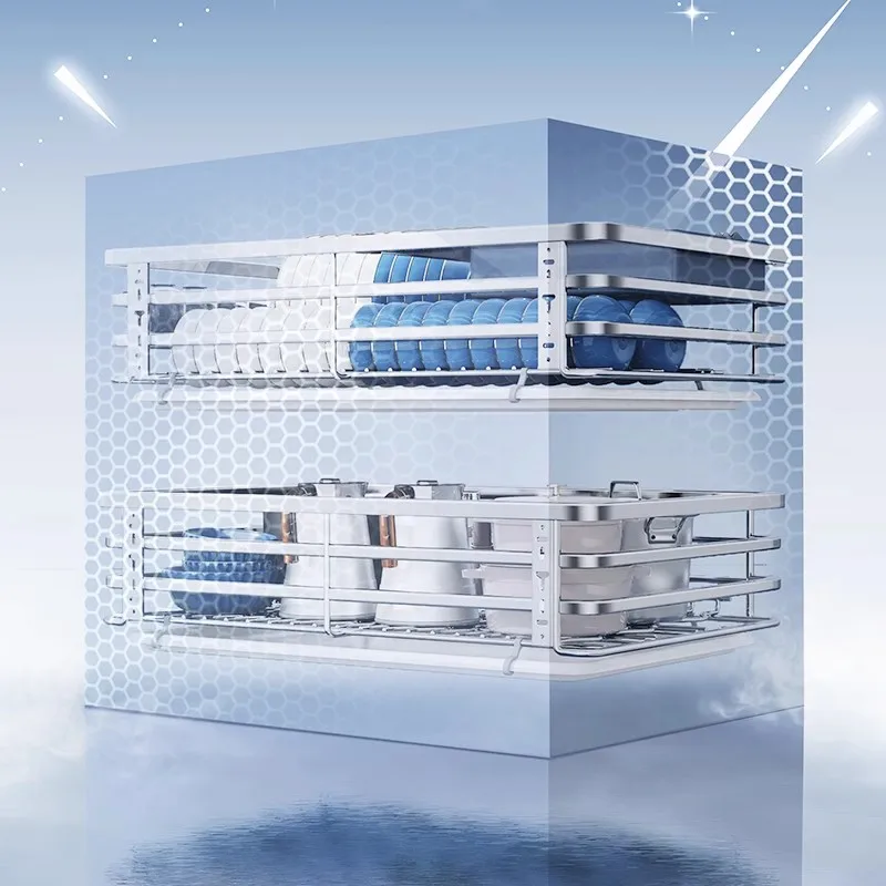 #Basket Kitchen Cabinet Seasoning 304 Stainless Steel Double Drawer Dish Rack Slide Rail Storage Bowl Blue Bowl Basket