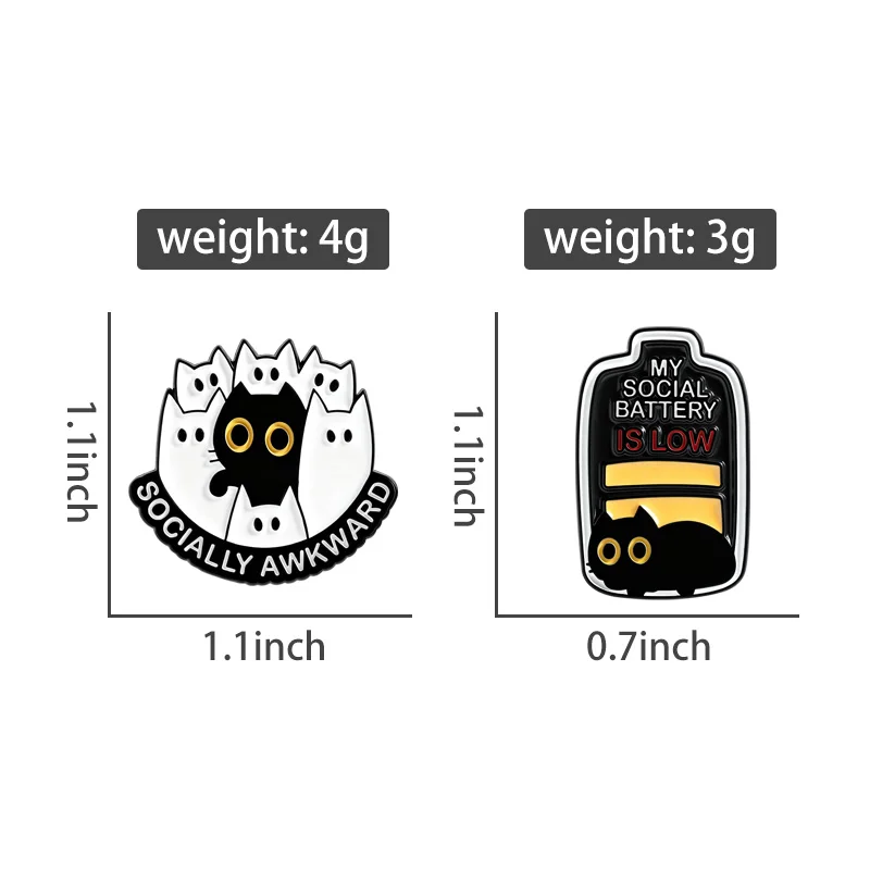 Socially Awkward Enamel Pins Social Battery Low Brooches Lapel Badges Black Cat Fun Animal Jewelry Gift for Friends