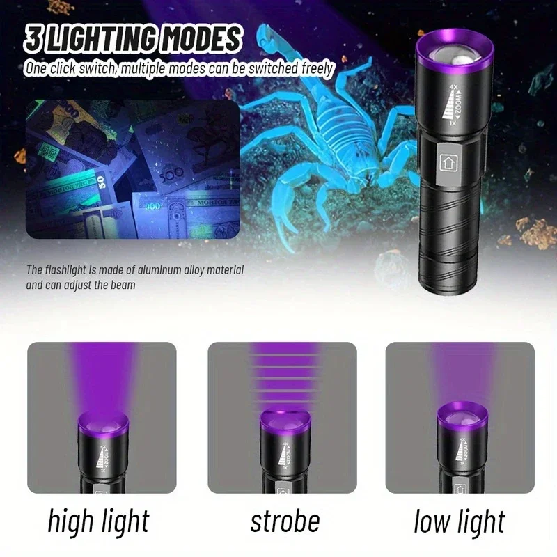 395nm LED UV Flashlight USB Rechargeable Zoom Torch Light for Ink Dryer Money Fluorescer Detector UV Oil Curing Purple Light