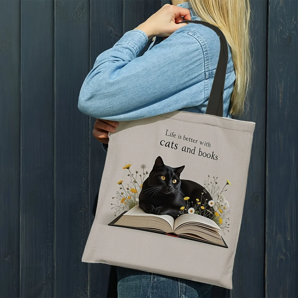 1pc Chic Black Cat & Books Design Canvas Tote Bag for Women - Reusable Shoulder Handbag Ideal for Travel, Shopping