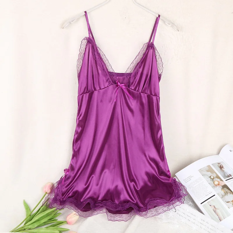 Sexy Pajamas Women Silk Suspender Nightdress Ladies V Neck Lace Sleeveless Lingerie Thin Halter Backless Sleepwear