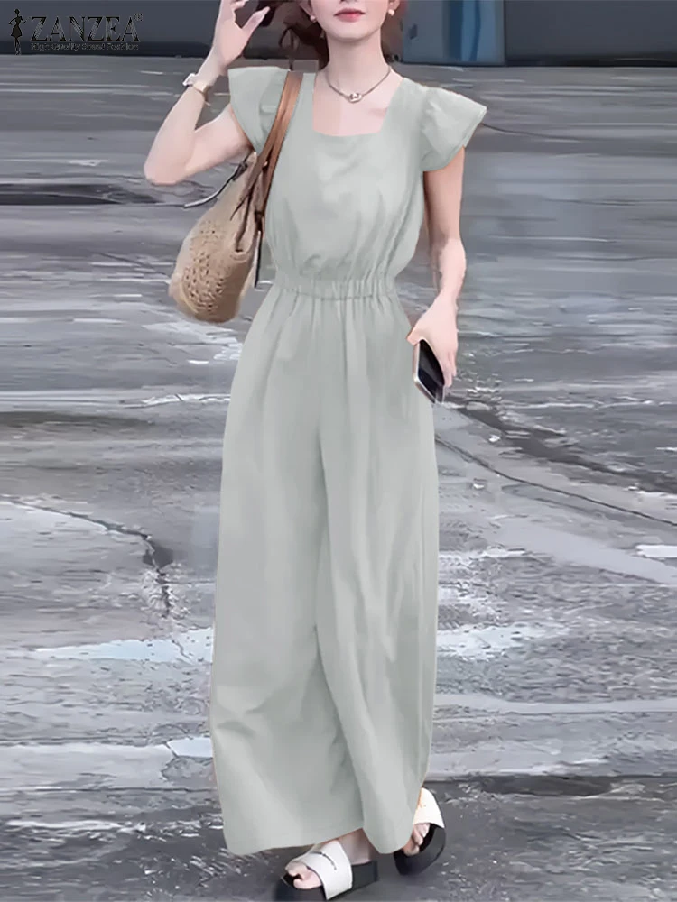 

ZANZEA Streetwear Elegant Overalls Wide-Leg Pant Fashion Ruffles Sleeve Woman Jumpsuits High Waisted Square Neck Summer Rompers