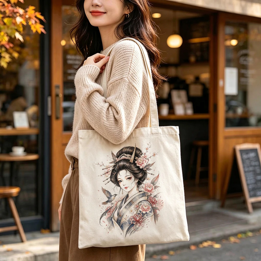 Personalized Geisha Canvas Tote Bag Custom Name Chinese Floral Artistic Grocery Shopping Bag Large Reusable for Women Girls Gift