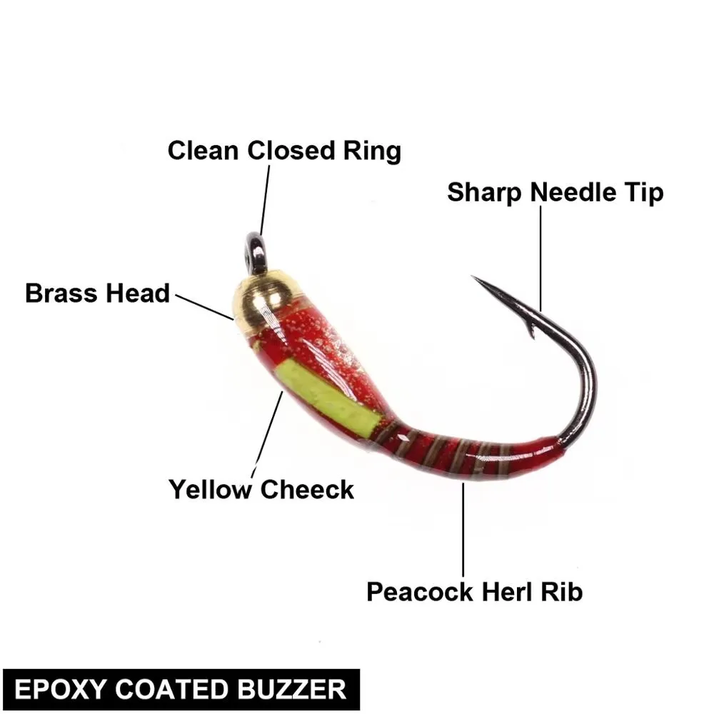 6PCS #10 #12 #14 #16 Peacock Herl Ribbed Red Color Rasin Coated Body Blue Flash Back Yellow Cheek Buzzers Nymph Fishing Flies
