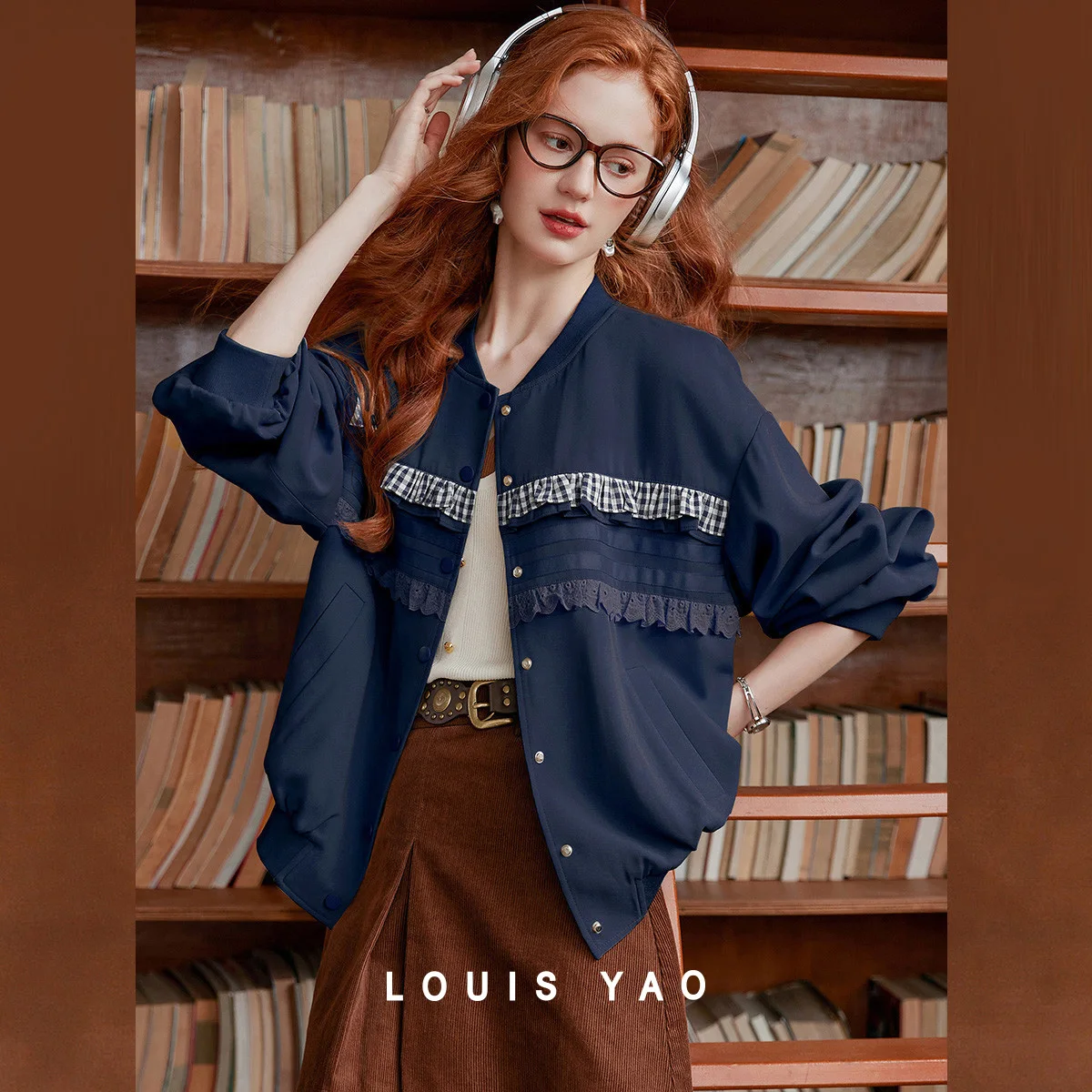 LOUIS YAO Sweet Age-Reducing Women's Jacket 2026 Plaid Lace Spliced Baseball Coat Spring Luxury Casual Cardigan Jacket
