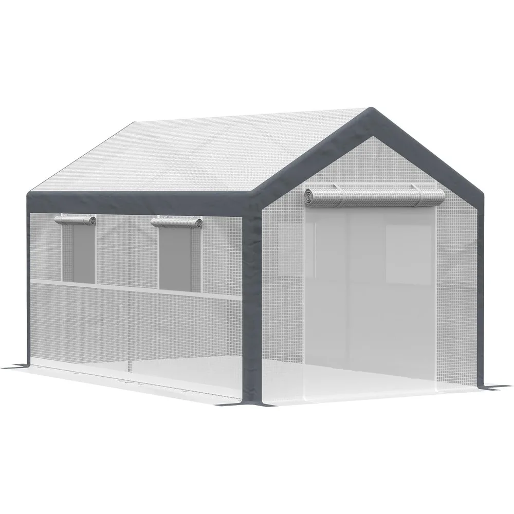 

12' x 7' x 7' Walk-in Greenhouse, Outdoor Garden Warm Hot House with 4 Roll-up Windows, 2 Zippered Doors and Weather Co