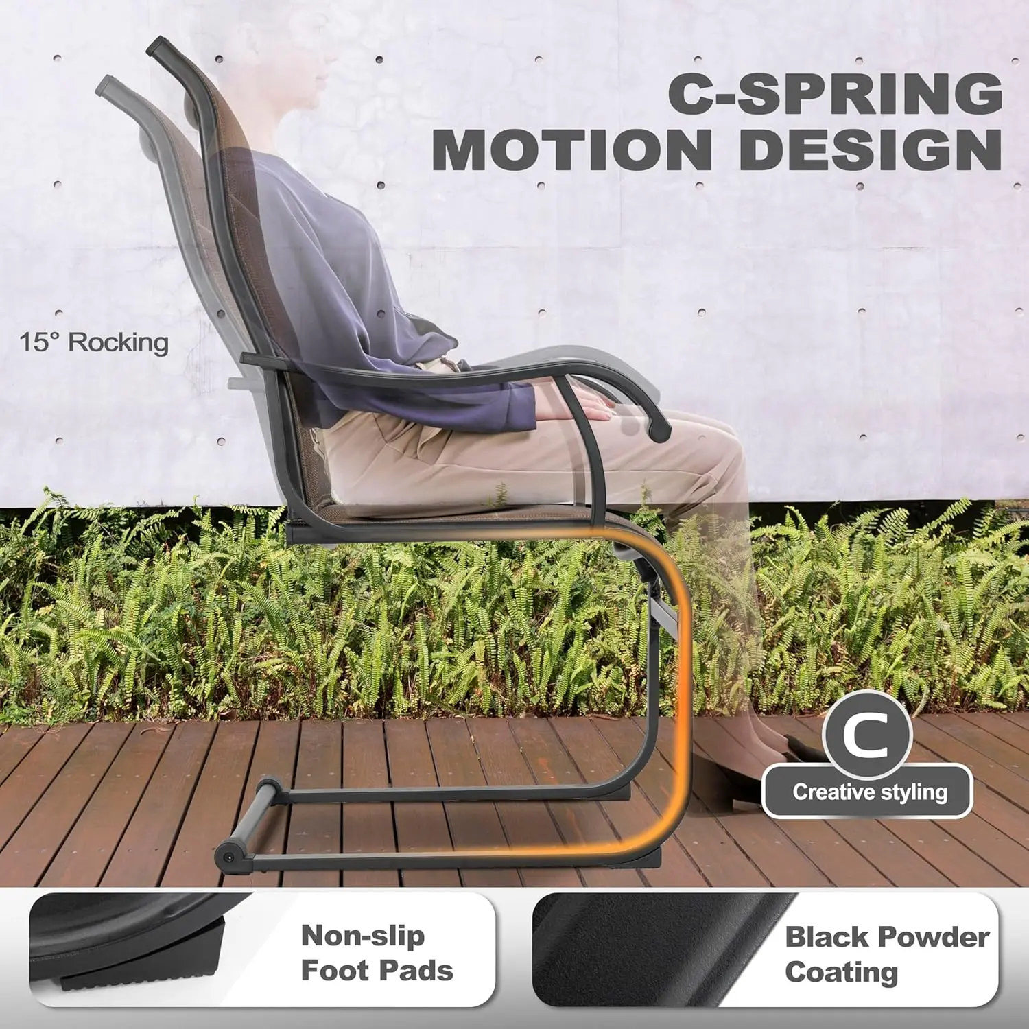 Patio Dining Chairs Set of 2, All Weather Outdoor Padded Textilene Patio Chairs, Breathable Spring Motion Textile High Back Outd