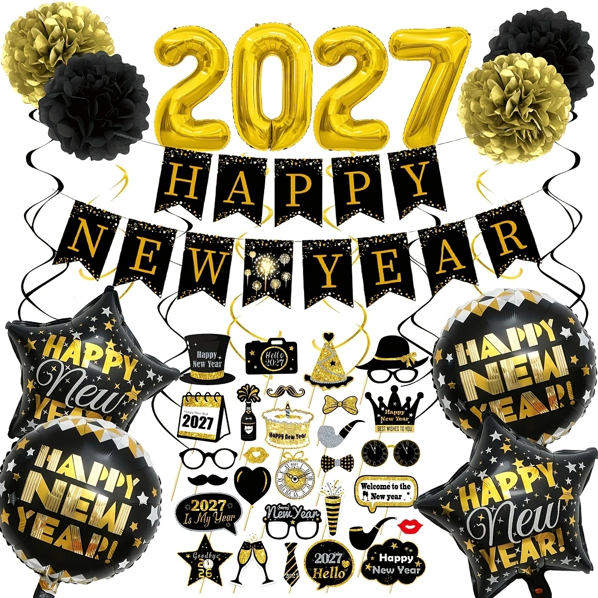 50PCS Gold 2027 New Year Party Plastic Balloons and Paper Bunting Decoration Set, 16in Golden Number 