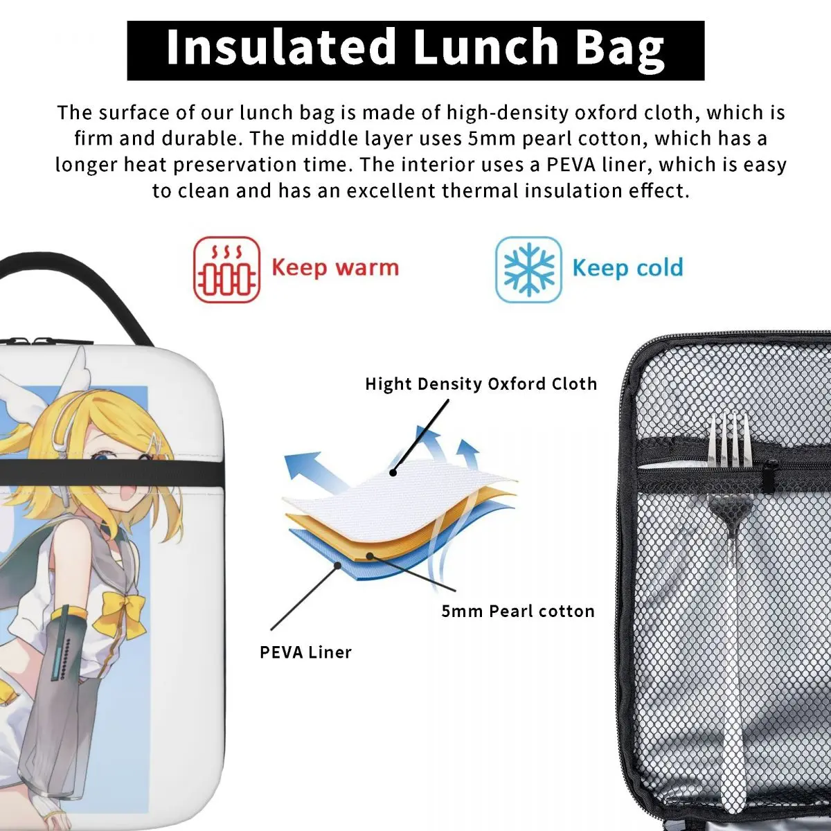 Kagamine Rin Anime Insulated Lunch Bag Portable Meal Container Cooler Bag Lunch Box Tote College Picnic Food Handbags