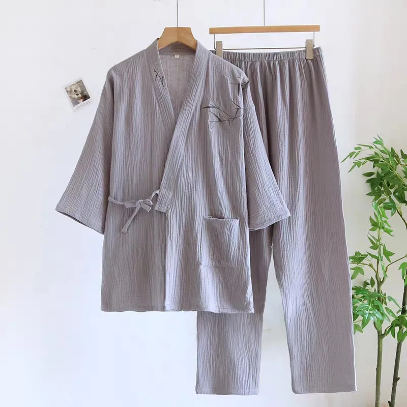 Men Loose Cotton Pajamas Set V-Neck Home Clothes Kimono Style Spring Autumn Embroidery Comfortable Soft Pjamas