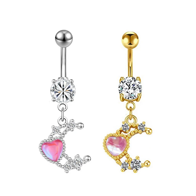 Pink Crystal Pendant Belly Button Ring For Women Stainless Steel Navel Piercing Jewelry Rabbit Heart Bear Butterfly Belly Ring