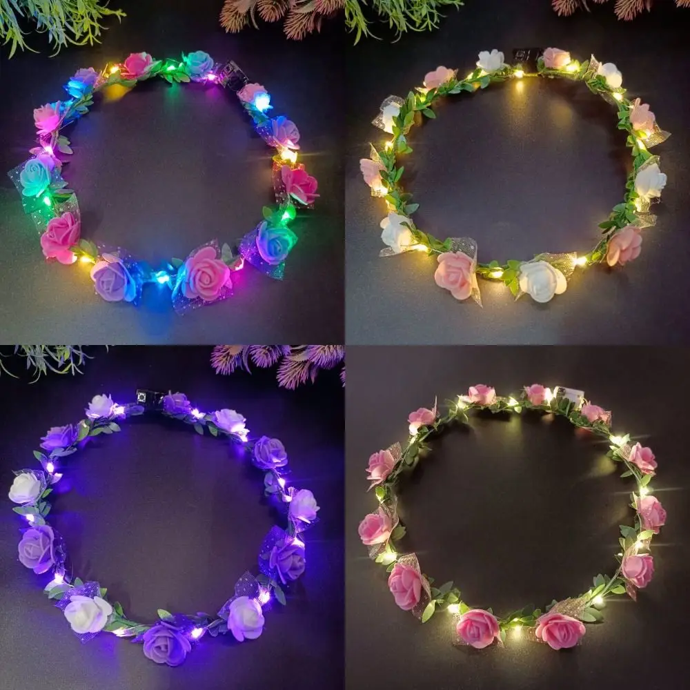 Simulation Rose Flower Wreath Headband Tiara LED Light Flower Crowns Bride Hair Accessories Luminous Glowing Wreath