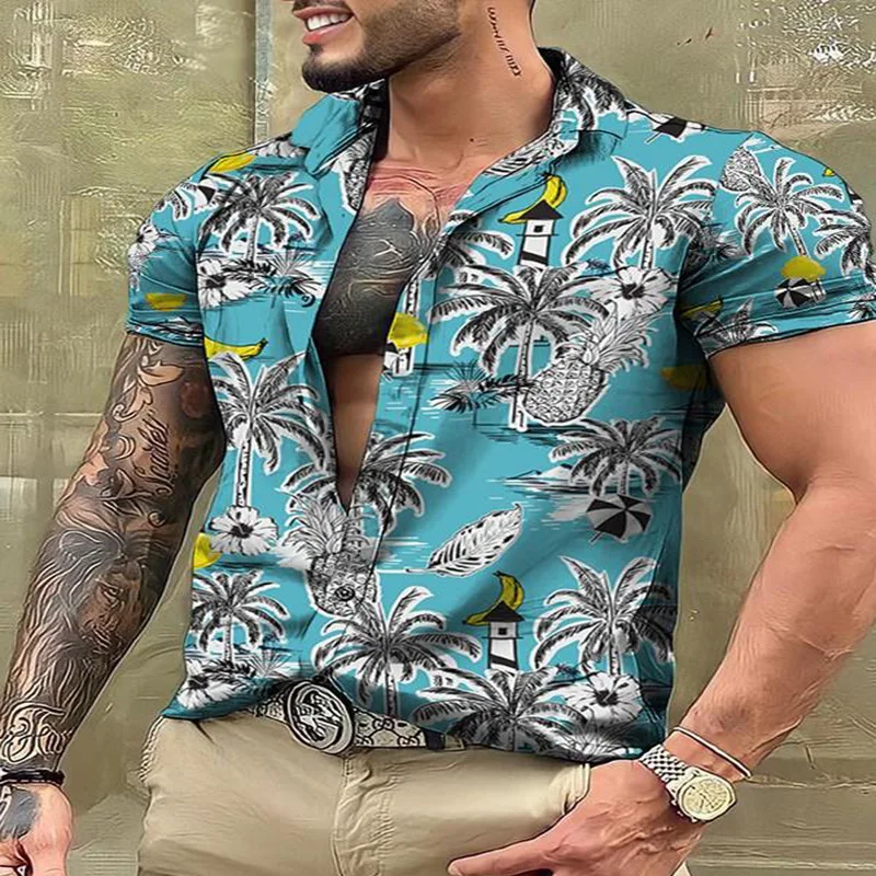 Summer Men's Lapel Single Breasted Cardigan Graffiti Plant&Flowers Printed Short Sleeved Tee Shirt Fashion Casual Vacation Tops