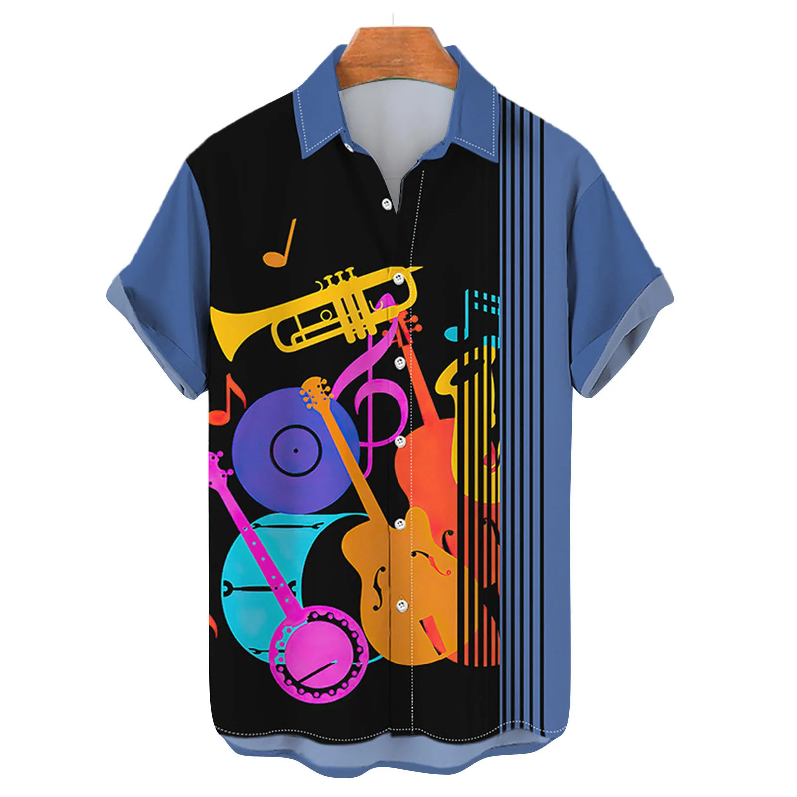 Mens Summer Fashion Leisure Personality Musical Instruments 3D Printed Lapels Street Wear Blouse Tops Camisas De Hombre Beach