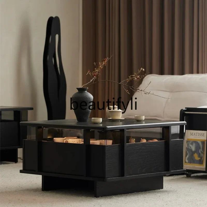 

LXCoffee table art living room home black solid wood rock slab countertop square floor with drawerSSS