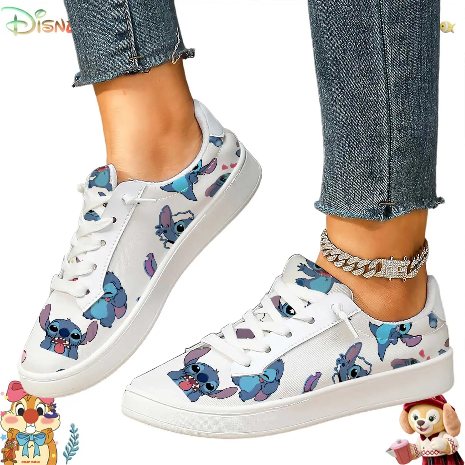 

Disney Lilo & Stitch Multi-Expression Printed White Sneakers Women Casual Low-top Board Shoes for Daily Wear