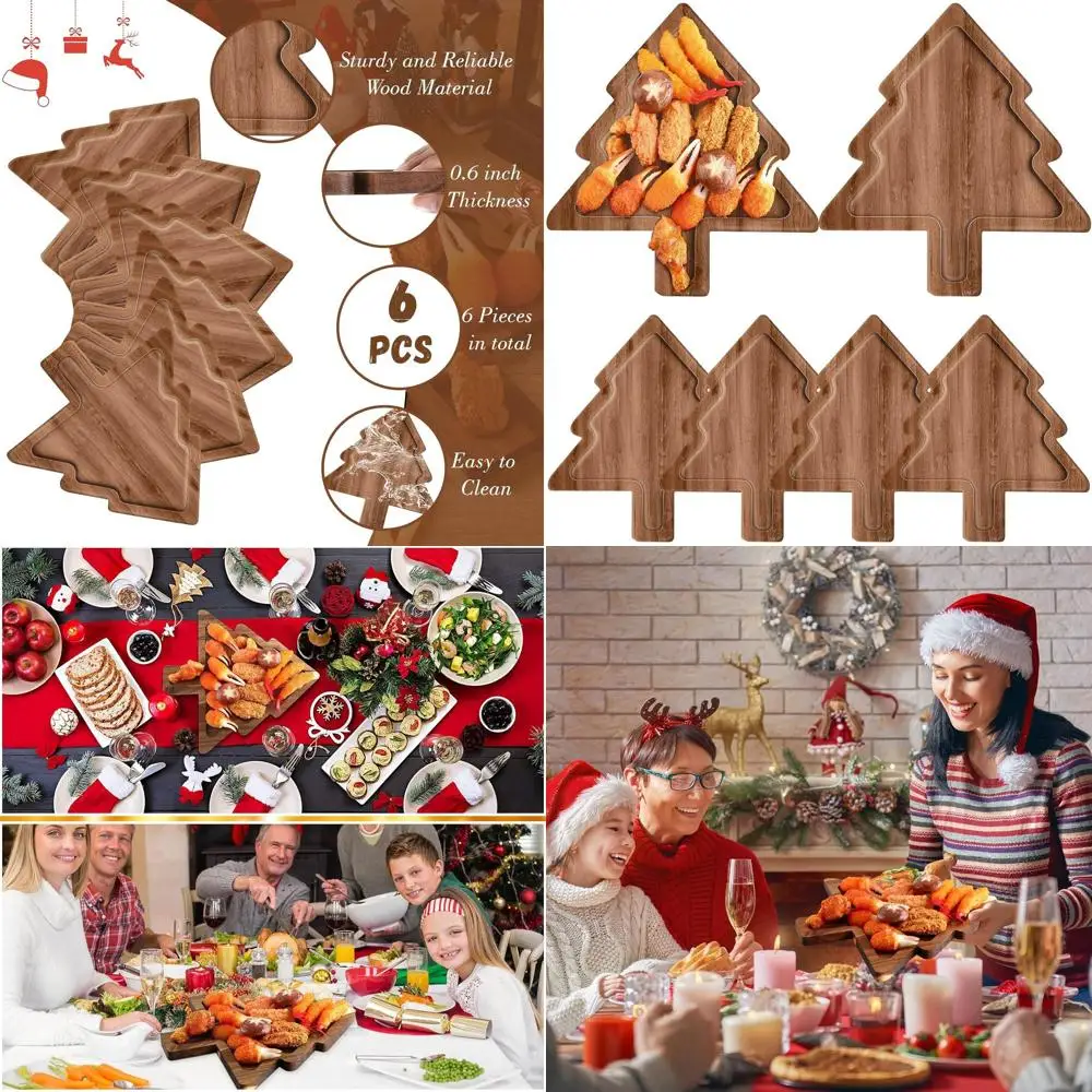 

12-Inch Acacia Wood Christmas Appetizer Platter - 6-Piece Serving Tray for Snacks, Desserts, and Gifts (Christmas Tree Theme)