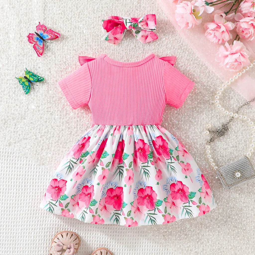 Dress For Kids Newborn 1-24Months Cute Bow Floral Short Sleeve Princess Dresses Ootd For Baby Girl