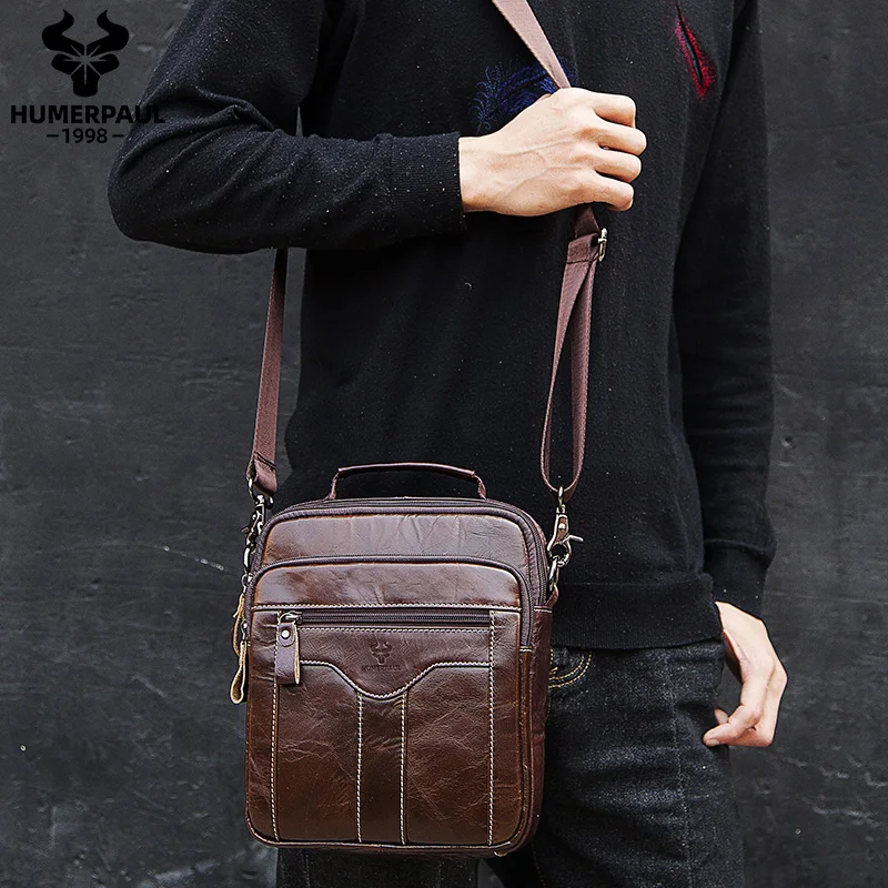 HUMERPAUL Men Shoulder Bag for Ipad Genuine Cowhide Leather Messenger Bag Casual Male Trave Large Capacity Crossbody Bags