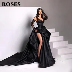 ROSES-A Line Black Prom Dresses, Sweetheart Stain, Vestidos de Festa, Plissado, Side Split, Sem Mangas, Casamento, Dark Robe