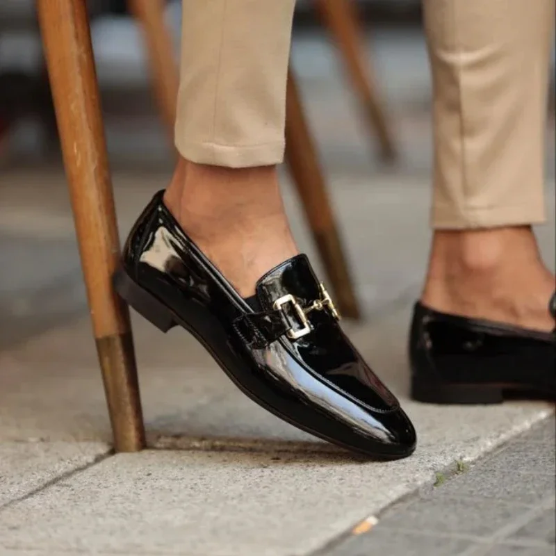 

Men's Wedding Shoes Black Patent Leather Loafers Round Toe Lace-up Business Formal Shoes Handmade Size 38-46