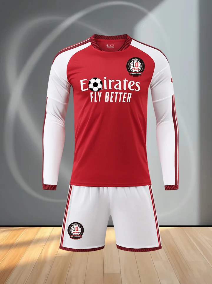 Men Long Sleeve Red White Football Jersey Set Soccer Uniform Quick Dry Breathable Sports Shirt Shorts Kit For Training Match Tea