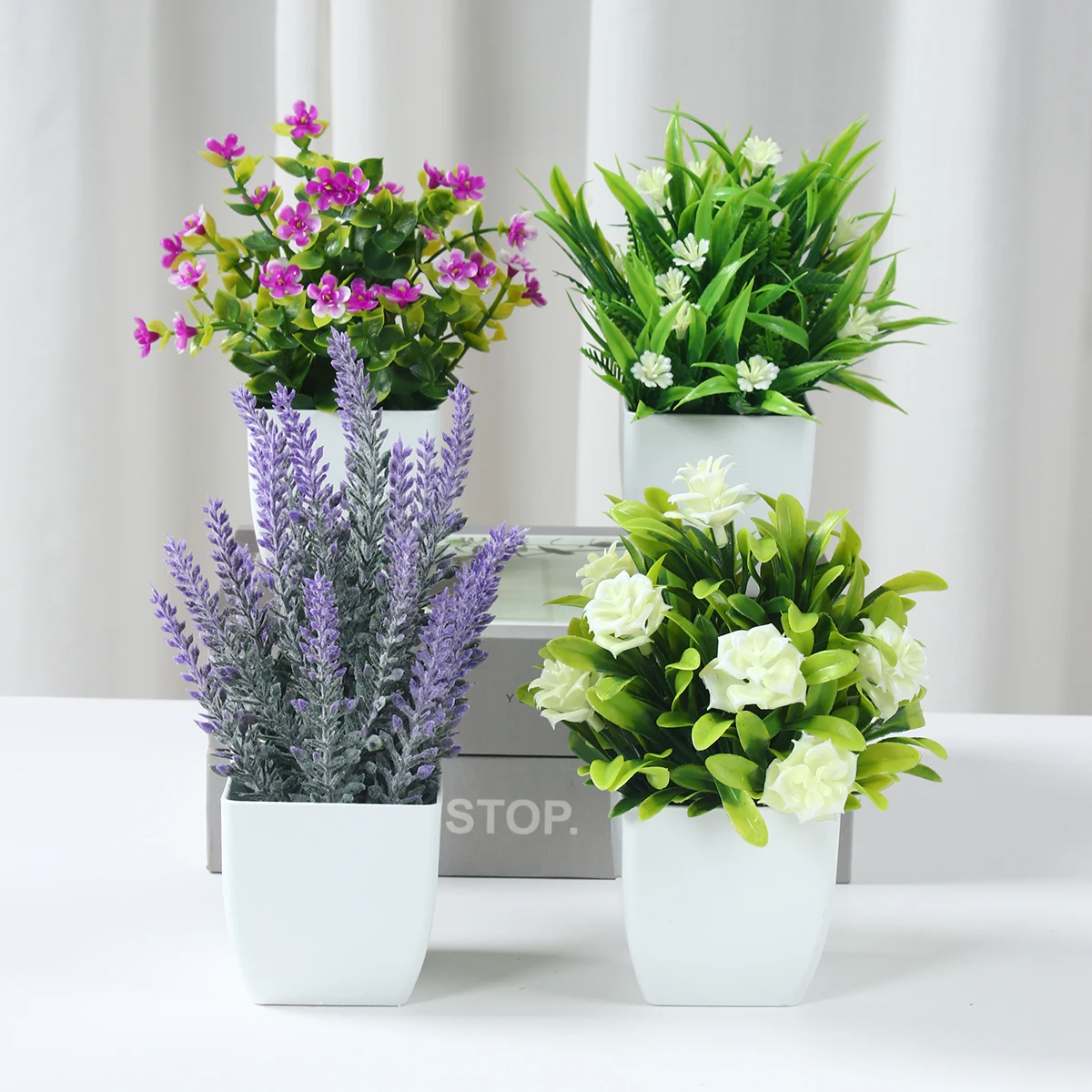 4Pcs Artificial Potted Plants Fake Flower Mini Plastic Greenery Faux Plants in White Pot for Home Office Desk Decor