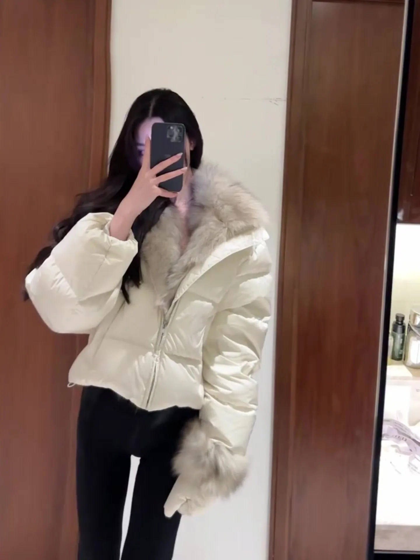 

White Fur Collar down Jacket Women's Thickened Warm Cotton Outerwear Top Winter New Style Korean Style Regular Fit Long Sleeve