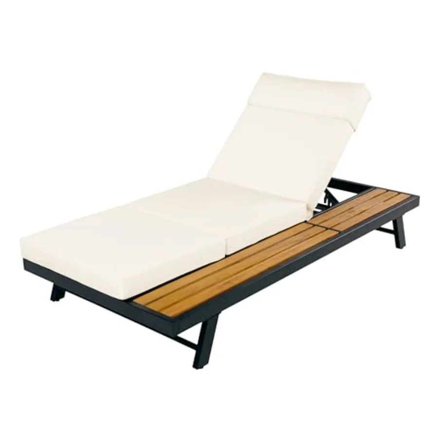 Outdoor chaise lounge cushion: 4 thick, water-resistant, black, heavy-duty wooden frame supports 400 lbs, adjustable backrest w