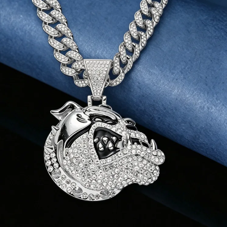 Iced Out CZ Bulldog Head Pendant Silver Cuban Chain Necklace Black Enamel Hip-Hop Bling Men Statement Neck Jewelry