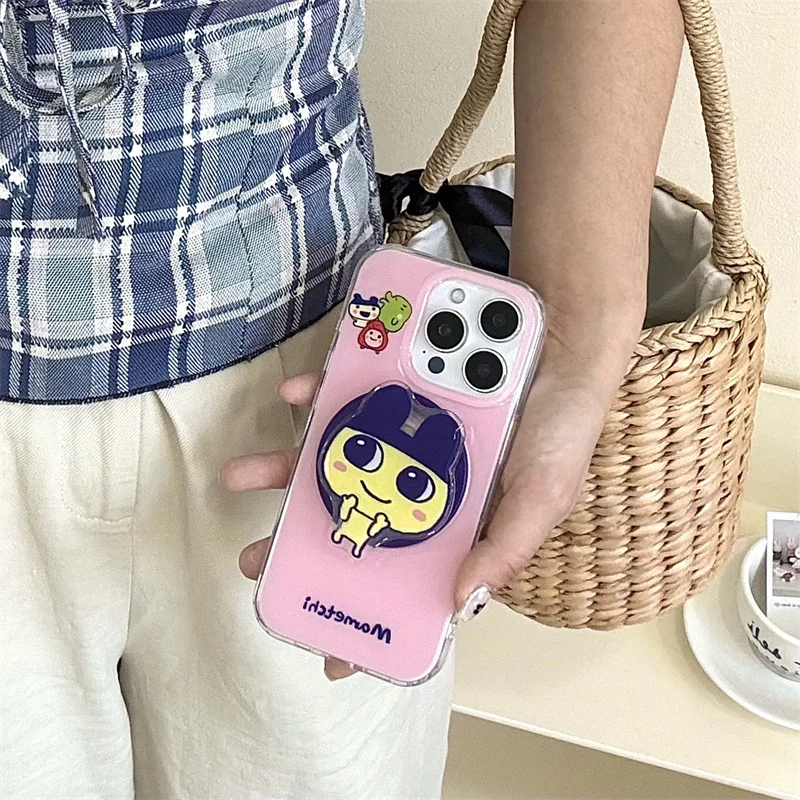 Cute Pink Magnetic Phone Case For iPhone 16 Pro 15 14 13 Pro Max Cover with Magsafe Stand Holder Kawaii Cartoon Cases 16 Promax