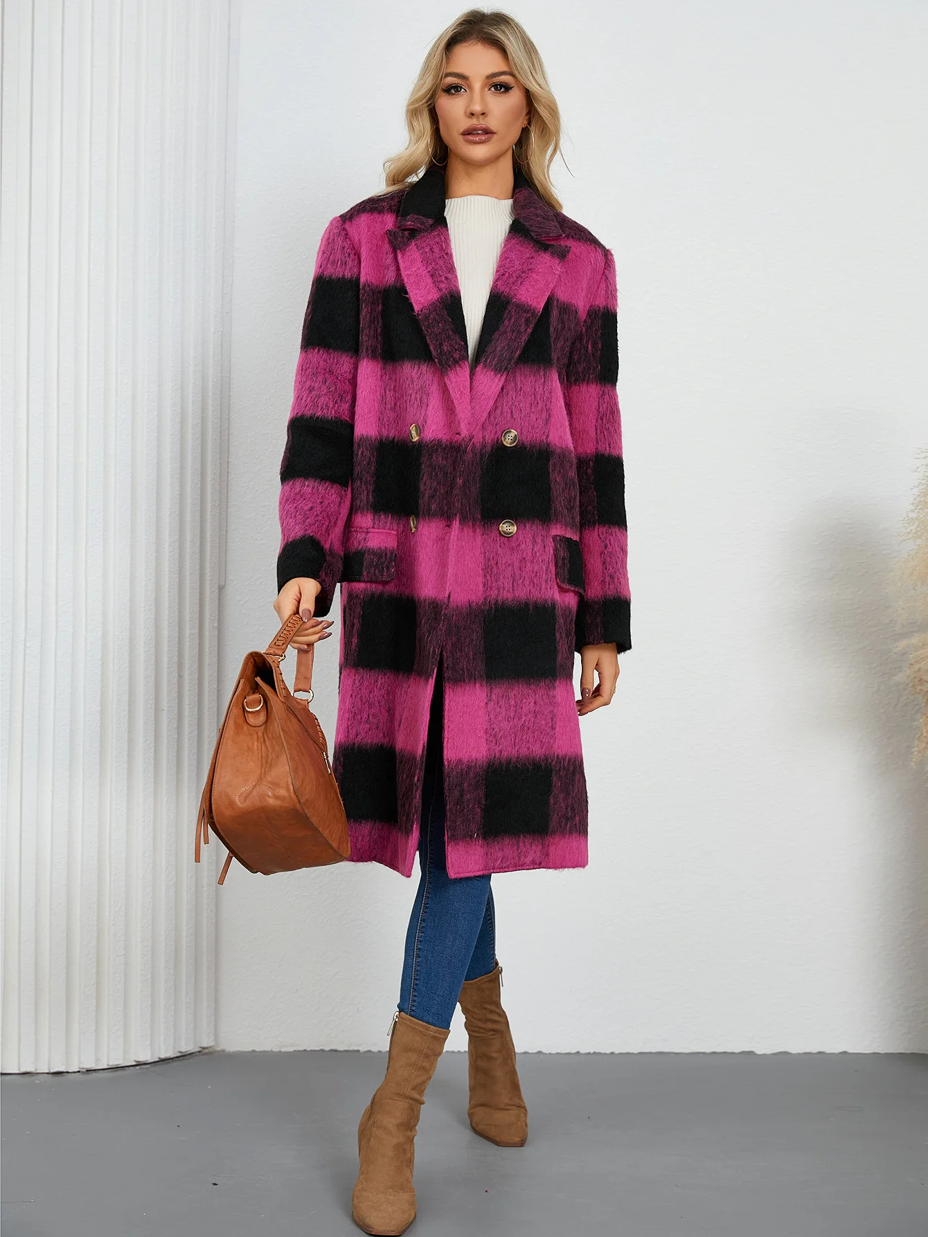 Spell Color Checkered Double-sided Wool Long Coat, European and American High-grade Suit Collar Loose Woolen Coat Women's Winter