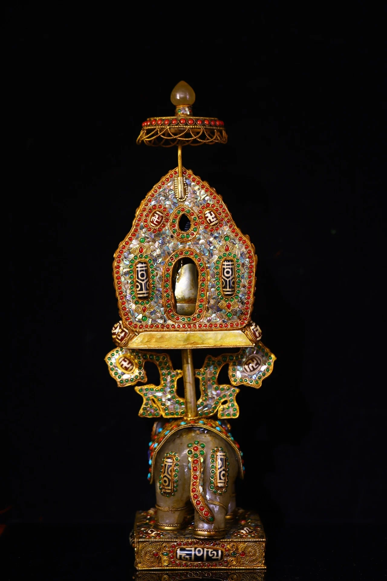 16"Nepalese folk Old Crystal Mosaic Gem gZi Beads lapis lazuli Shakyamuni Buddha Sit Elephant Statue Buddhist Niche view 6