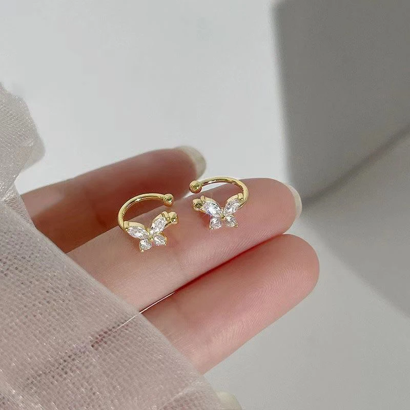 1Pair Shinning Zircon Big/Small Butterfly Ear Clip Earrings Crystal No Piercing Ear Cuff Women Fake Piercing Ear Wrap