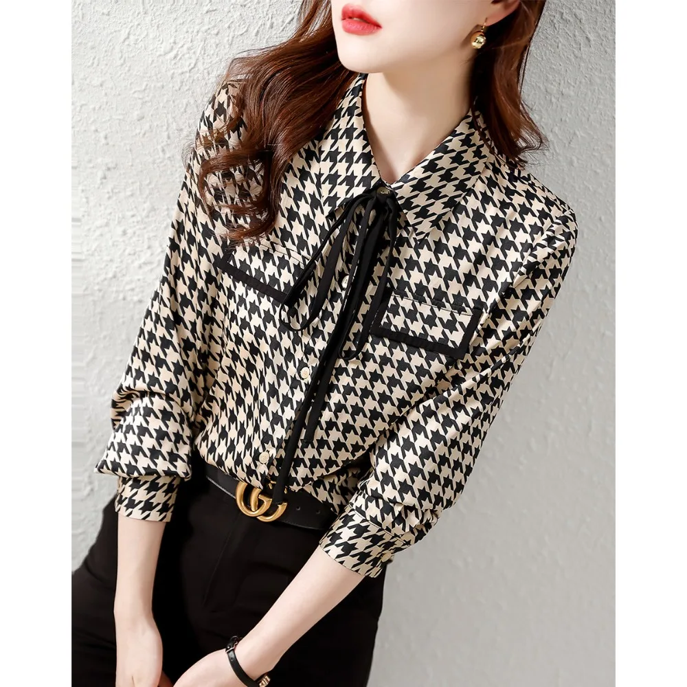 Women\'s S-2XL Size Spring Outfit New Autumn Korean Casual Home Commuting POLO Collar Tie Up Elegant Plaid Shirt