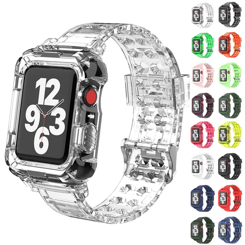 Silicone Strap +case for Apple Watch Band Series 6 SE 5 4 3 Transparent for Iwatch 6 5 bracelet 38mm 40mm 42mm 44mm accessories