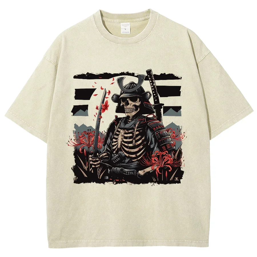 Skeleton Ukiyoe Samurai Shirt, Hiphop Tops Y2K Washed T-shirt, Oversized Streetwear Vintage Washed Surf Tshirts For Women Men