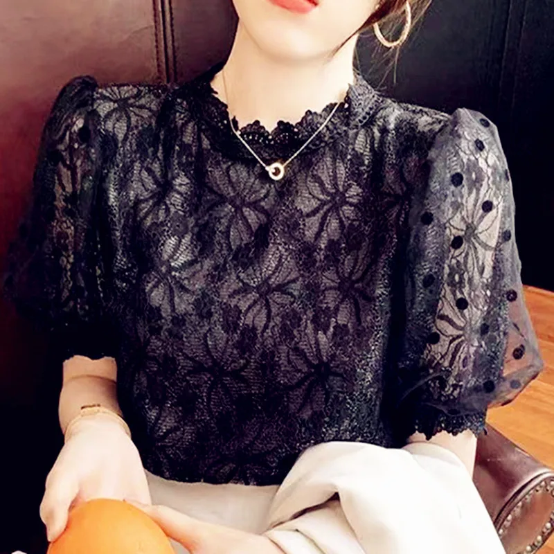 

Женские летние топы, вязаные крючком кружевные сетчатые футболки, сексуальные винтажные элегантные футболки с короткими рукавами, свободная блузка, повседневные футболки