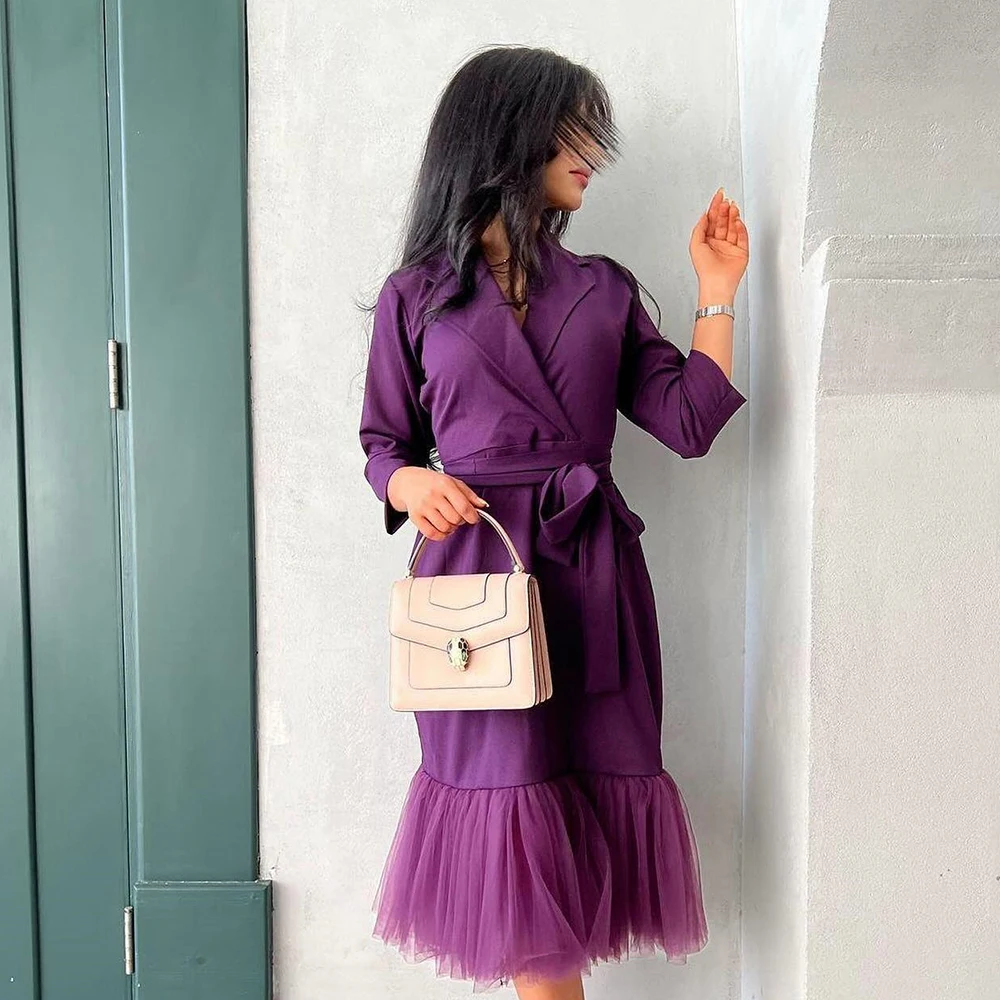 

Elegant Party Dresses Woman 2024 Long Sleeves Jersey V Neck Straight Tea Length Pleats Purple Dresses For Formal Occasions