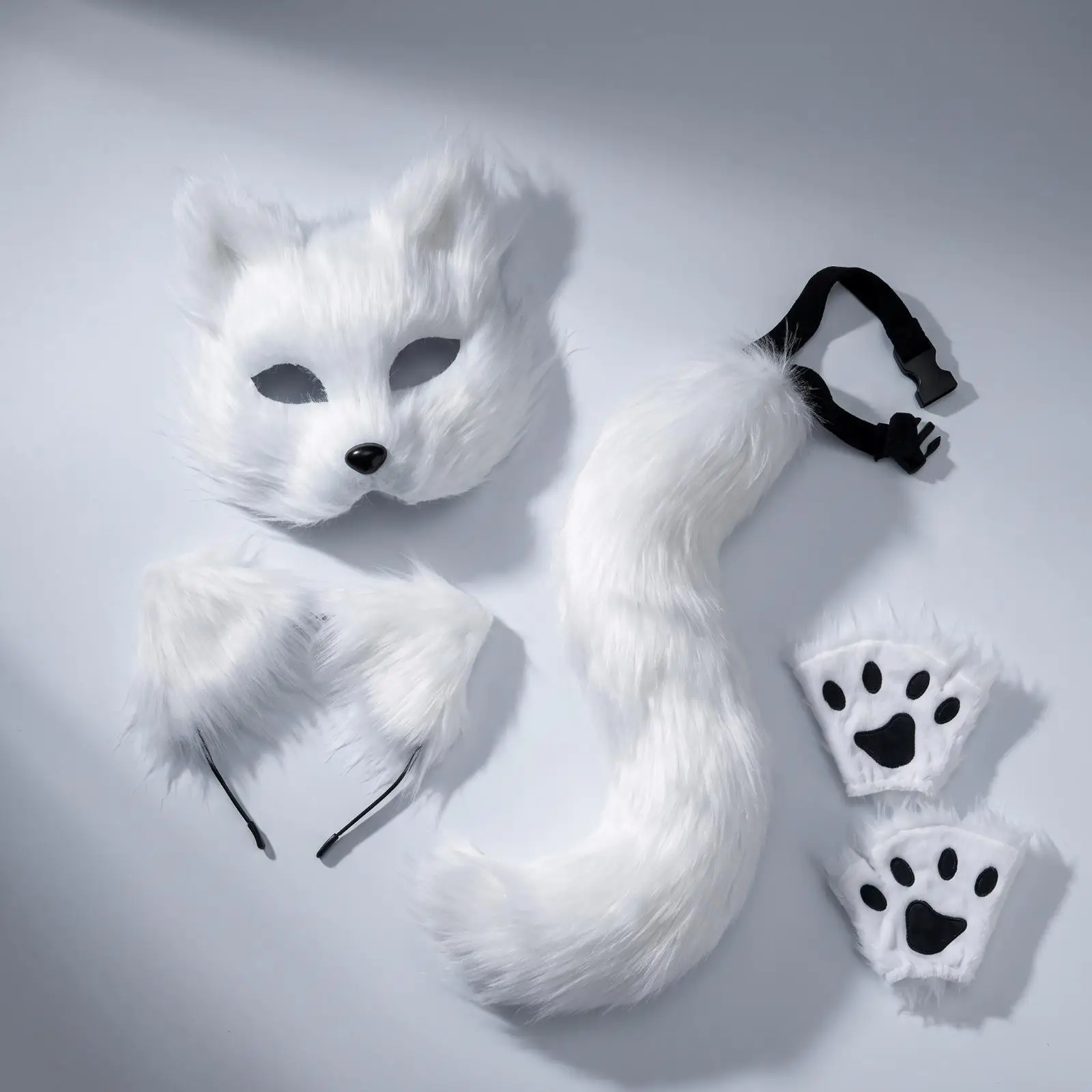 Faux Fur Cat Cosplay Gloves with Cutout Eye Face Mask and Long Tail for Roleplay Accessories