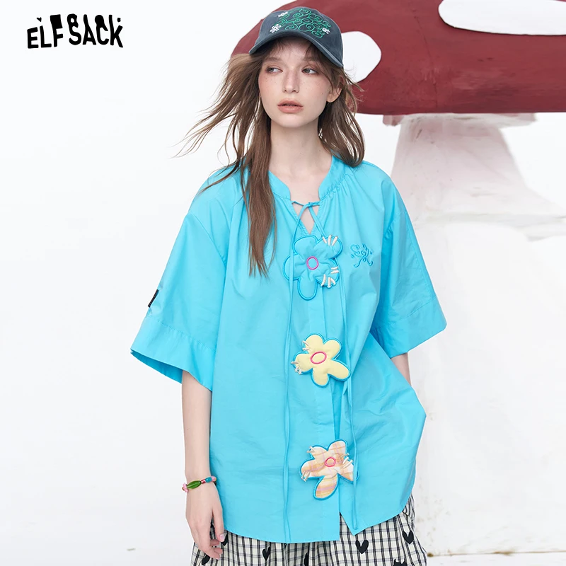 

ELFSACK Floral Applique Cotton Poplin Blouse, V-Neck Pleated A-Line Shirt, Loose Casual Summer Top for Women