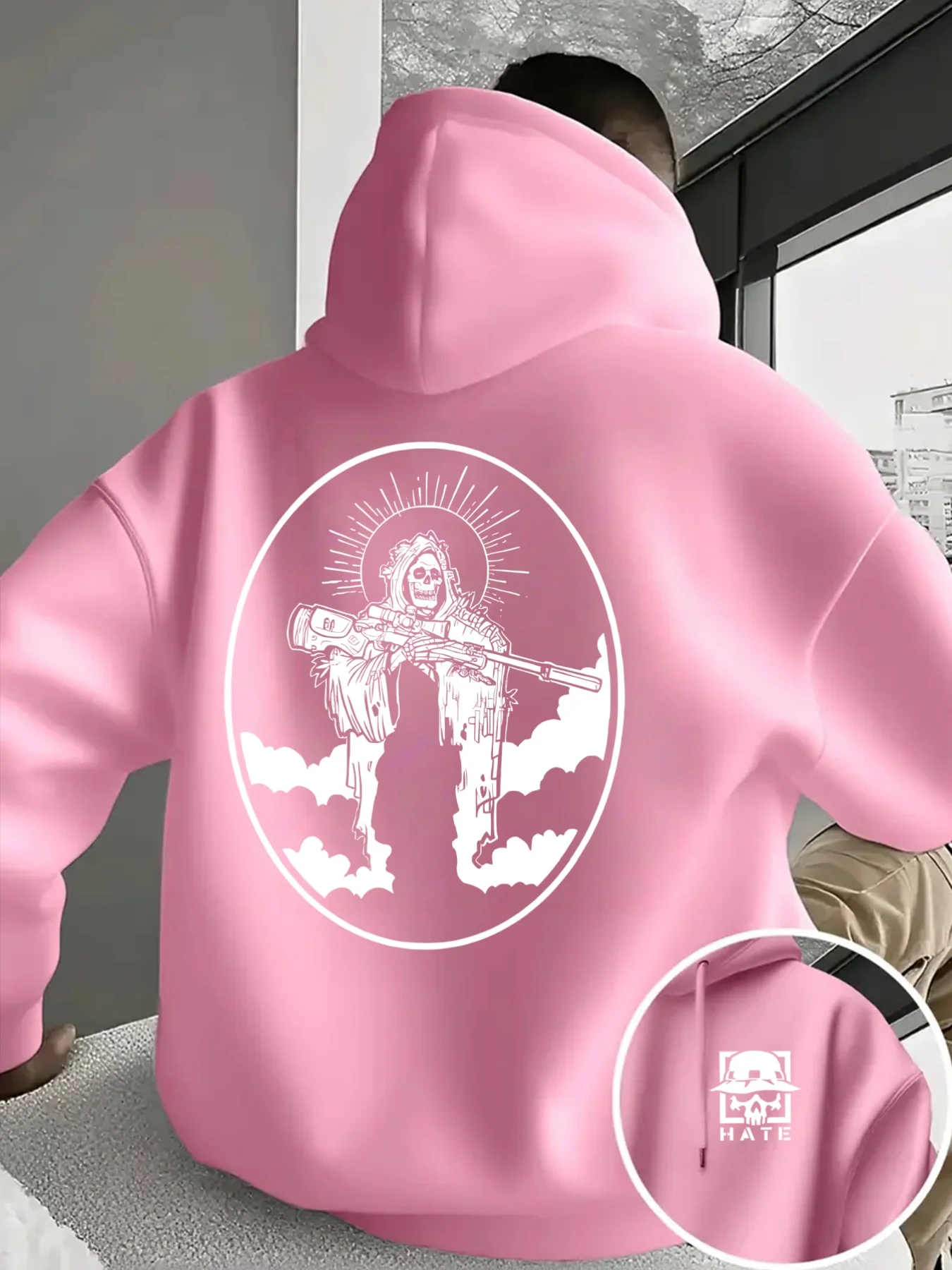 Dark and edgy men's hooded sweatshirt with skull warrior retro pattern print and mysterious pocket pullover hoodie - view 4