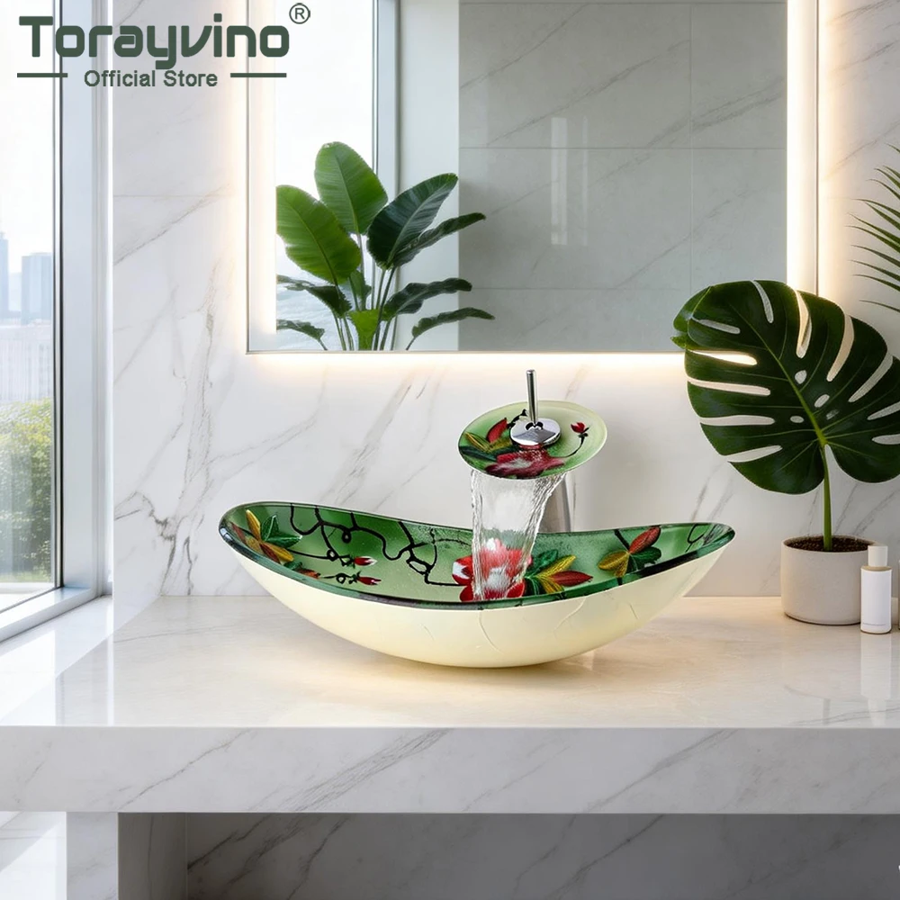 Torayvino Bathroom Sink Faucet Set Oval Hand Paint Washbasin Tempered Glass Basin Deck Mounted Basin W/ Pop-up Drain Mixer Tap