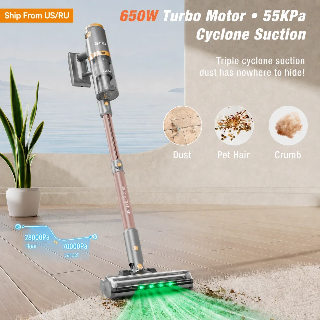Cordless Vacuum Cleaner, 650W Powerful Stick Vacuum with 70Min Runtime, Pet Hair Brush, Wall-Mounted Charging Dock, Touch Screen Display, Self-Standing Design for Pet Hair, Carpets, Hardwood Floors and Car Cleaning