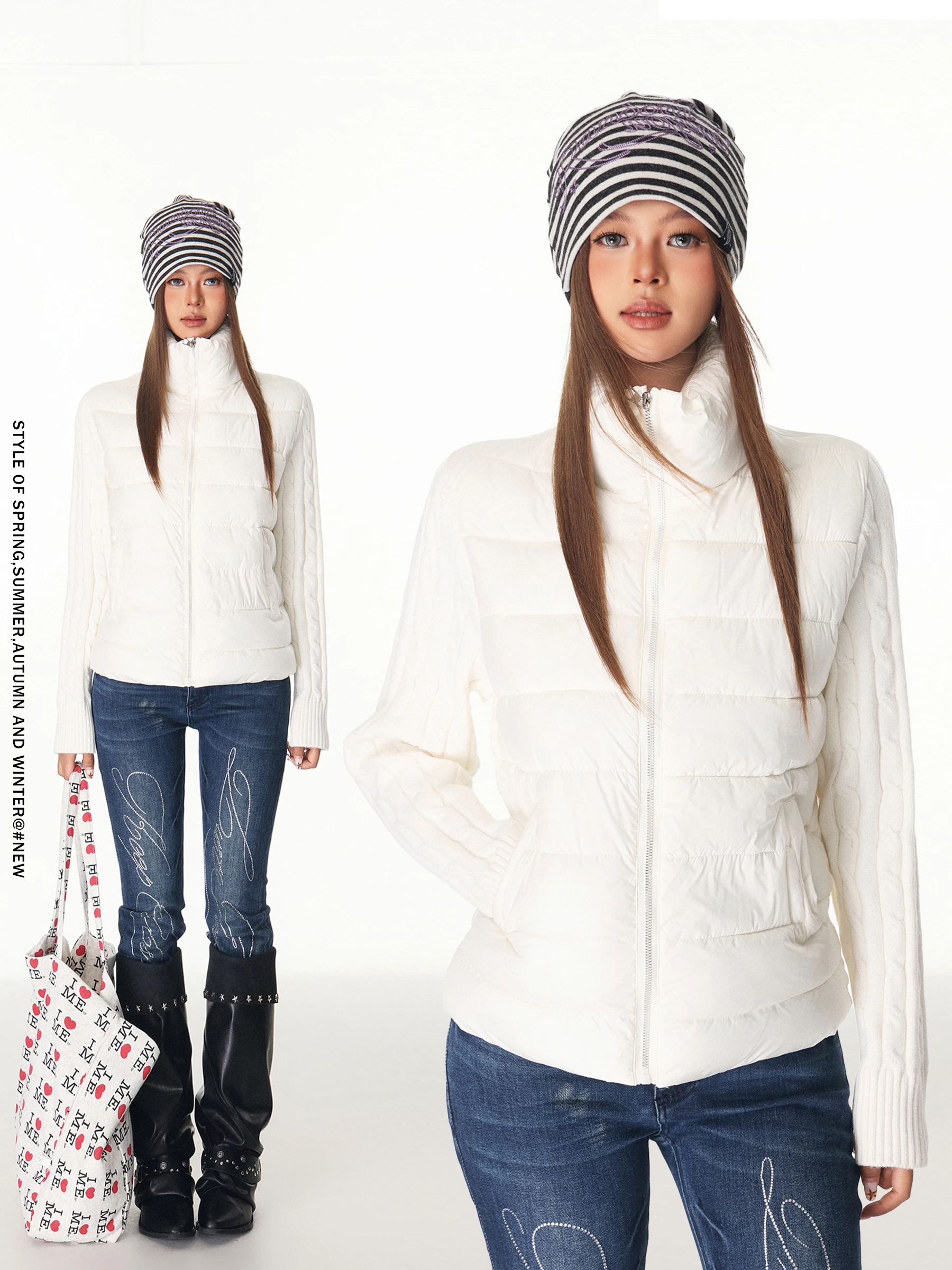 

Warmth Lightweight ort Cotton Jaet Women's Winter Lazy Loose Thermal Outerwear Casual Knitted Splicing Top Stand Collar