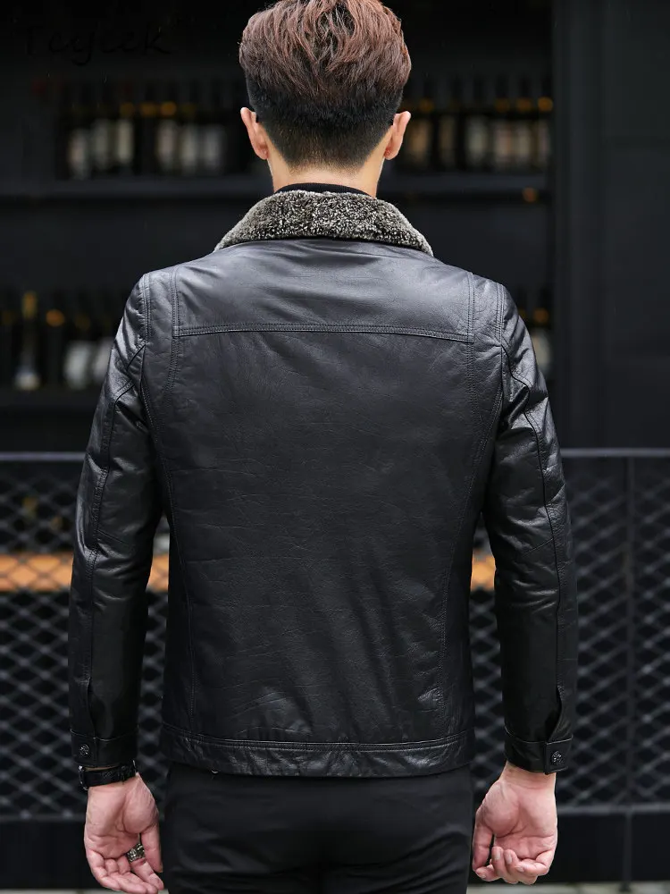 Tcyeek Real Leather Jacket Men Winter White Duck Down Coat Down Liner Detachable 100% Cowhide Mens Coats Lamb Wool Collar Trendy
